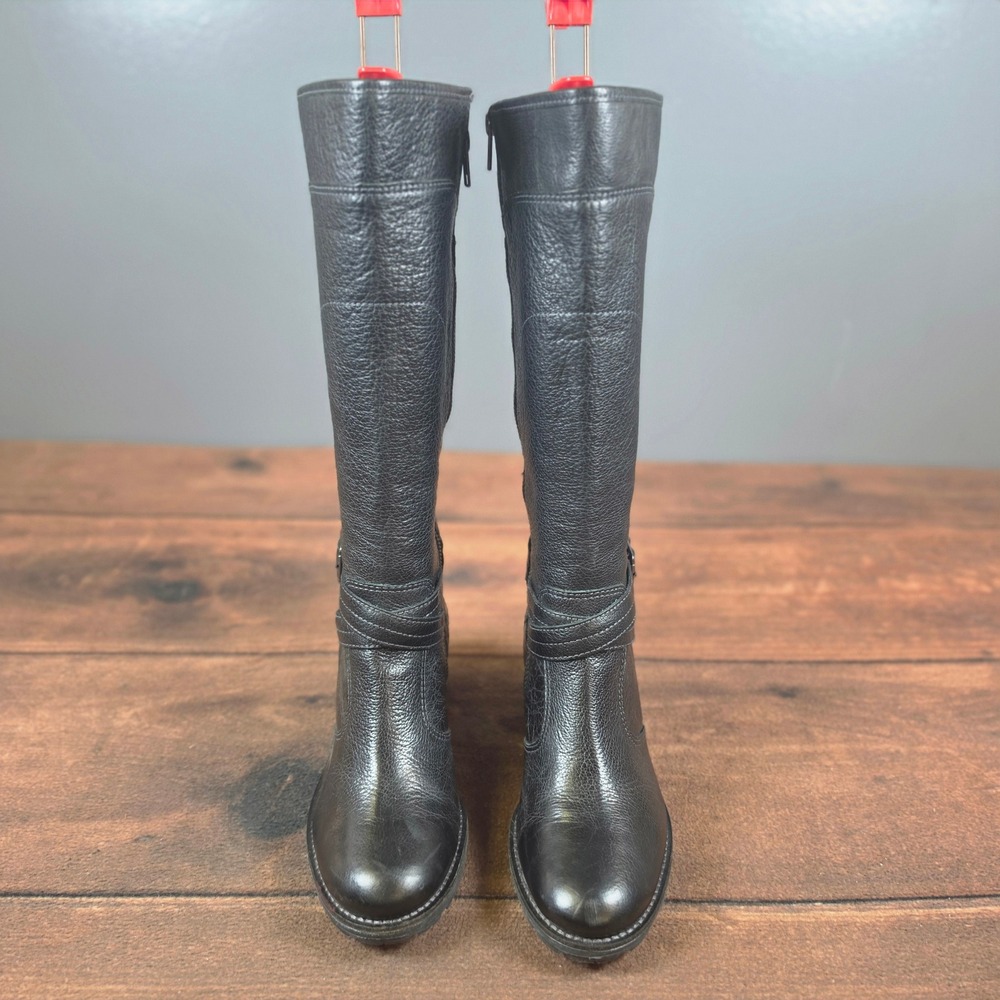 L.L. Bean Riding Boots Womens 8M Black Good Tumbled Leather Tall Zip Lug Sole